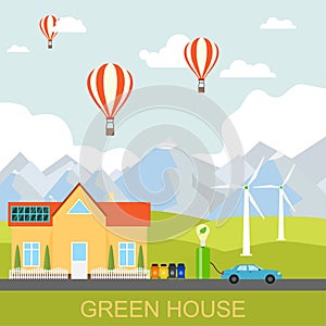 Eco house. Green house. Environmentally friendly and safe house on the background of nature and mountain landscape