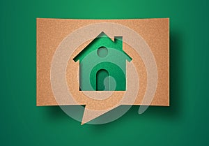 Eco house green papercut chat bubble concept