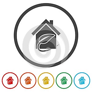 Eco house icon. Set icons in color circle buttons