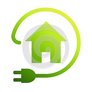 Eco house icon vector. Green house with electric plug sign, electricity and green energy concept for graphic design, logo, web