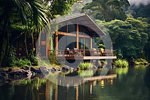 Eco-house with an outdoor terrace by the river, among the tropical forest, ecotourism concept