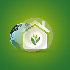 Eco House, Smart Home Concept Design - Pictogram, Symbol, House Icon With Leaves and Earth Globe on Green Background