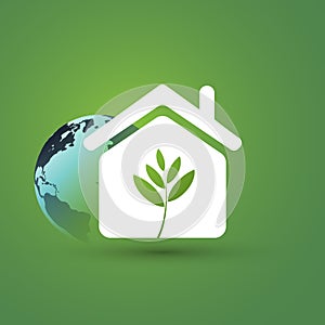 Eco House, Smart Home Concept Design - Pictogram, Symbol, House Icon With Leaves and Earth Globe on Green Background