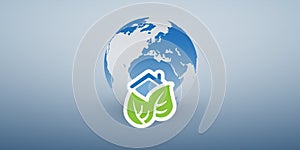 Eco House, Smart Homes, Global Envronmental Protection Concept Design - Pictogram, Symbol, House Icon With Leaves and Earth Globe