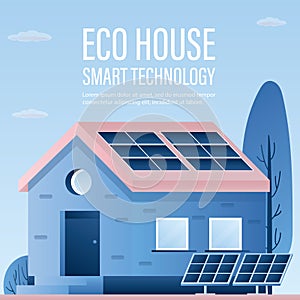 Eco house and smart technology background. Rooftop solar panel house and floor solar panels