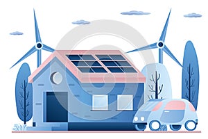 Eco house and smart technology background. Windmills, rooftop solar panel house and electric car