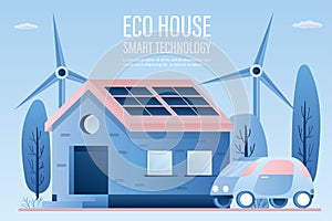 Eco house and smart technology background. Windmills, rooftop solar panel house and electric car