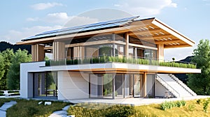 an eco house with solar panels - green energy and environmental protection concept - generative AI