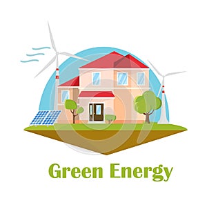 Eco house. Solar wind energy. Green energy concept. Ecology flat design building