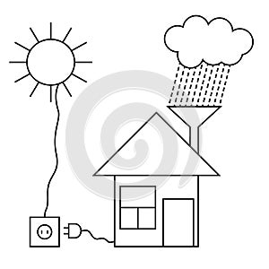 Eco house with sun battery. Low-energy green home. Nature life. Vector illustration. Line art