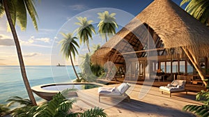 Eco-house or villa with palm trees, on the ocean and beach. Ecotourism and vacation concept