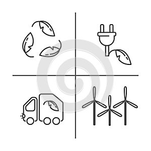 Eco icons set. Thin line ecological signs for infographic, website or app. Garbage truck, windmills, electrical plug and over ecol