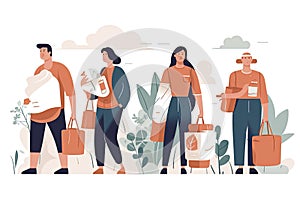 Eco illustration for web. People sort waste and use eco bags and reusable cups