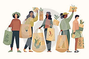 Eco illustration for web. People sort waste and use eco bags and reusable cups