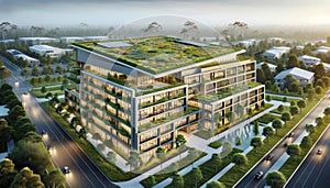 Eco innovative office building with integrated into construction plants and solar panels. Generative AI