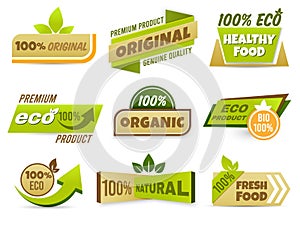 Eco label banner. Healthy food labels, eco bio product and natural organic emblem badges vector set. 100 percent