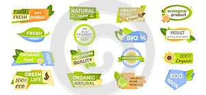 Eco labels for natural products. Healthy fresh food badges organic symbols