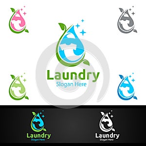 Eco Laundry Dry Cleaners Logo with Clothes, Water and Washing Concept