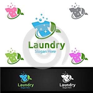 Eco Laundry Dry Cleaners Logo with Clothes, Water and Washing Concept