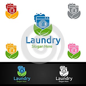 Eco Laundry Dry Cleaners Logo with Clothes, Water and Washing Concept