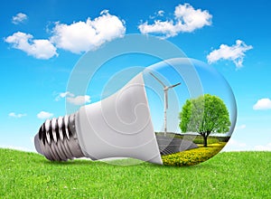 Eco LED bulb with solar panel and wind turbine.