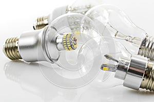 Eco LED bulbs and classic tungsten bulb