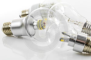 Eco LED bulbs and classic tungsten bulb photo