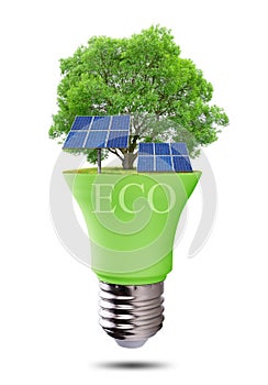 Eco LED light bulb with solar panels isolated on white background.