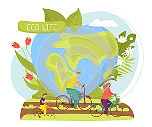 Eco life concept, healthy organic natural nutrition, ecology vector illustration. Ecological diet and sport. Bicycling