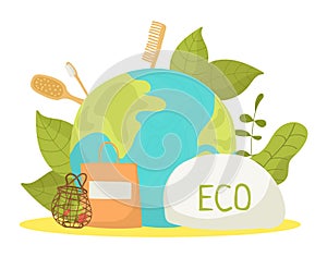 Eco life, ecology environment concept vector illustration. Green planet and organic product for save environment earth