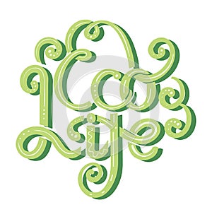 Eco life. Green Ink lettering with curls and decorations. Stylish quote for modern life. Save the planet. Eco friendly calligraphy