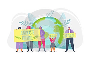 Eco life on green planet, ecology, enviroment vector illustration. Earth day. People holding placards with zero waste