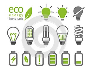 Eco light bulb and battery icon set. Vector illustration