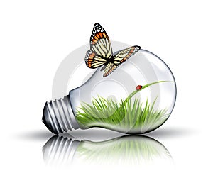 Eco light bulb with grass, a ladybug and a butterfly.