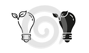 Eco Lightbulb Line and Silhouette Icon Set. Ecological Light Bulb. Ecology Electricity Lamp with Leaf Symbol Collection