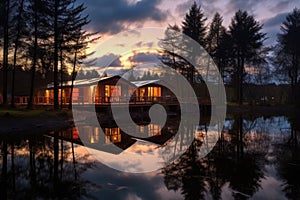 eco-lodge beside a placid lake at dusk