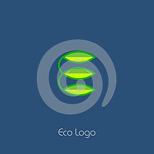 Eco logo. E Letter monogram with 3 green leaves. Eco meal. The letter E consisted of leaves.