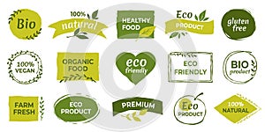 Eco logo. Organic healthy food labels and vegan products badge, nature farmed food tags. Vector gluten free and bio