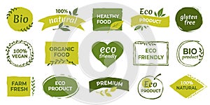 Eco logo. Organic healthy food labels and vegan products badge, nature farmed food tags. Vector gluten free and bio photo