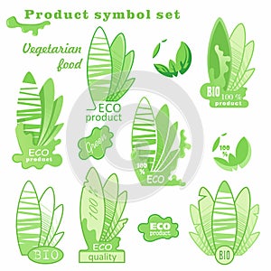 Eco logo. Sign of a vegetarian diet. Green Ecology Leaf Plant Health. Labels for natural food and drink