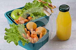 Eco lunch box with a sandwich, fresh vegetables and fruits, a bottle of juice on a light background. Healthy school lunch