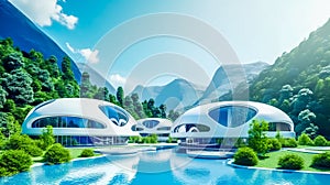 eco luxury futuristic architecture of modern technological energy-saving housing of the future, surrounded by nature, eco-concept