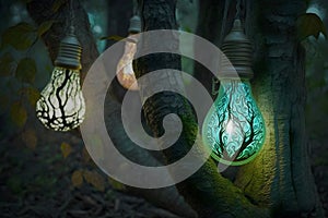 An eco magical light bulbs hanging on a tree in the garden, Save energy creative idea concept, Generative AI 1
