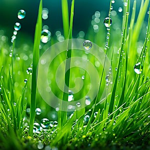 Eco Nature Background with Grass, Sun and Waterdrops.