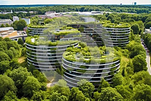Eco Oasis: A Sustainable Building Thrives with a Rooftop Garden, Fusing Nature and Architecture, ai generative