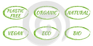 Eco, Organic, Bio, Natural, Plastic free, Vegan icon, logo or label set. Green stickers for healthy food, products and cosmetics.