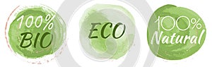 Eco, organic food labels. Set of green logos for natural products. Eco and bio, products, natural food, 100 healthy food