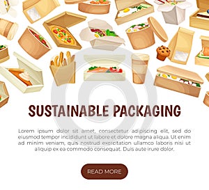 Eco Packaging Banner Design with Cardboard Food Container Vector Template