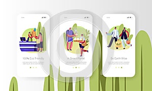 Eco Packing Mobile App Page Onboard Screen Set Concept for Website or Web Page, People Stand in Queue with Reusable Packaging