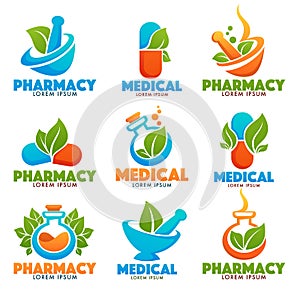 Eco Pharma bottles, Images of bottles, pounder, pills and green Leaves